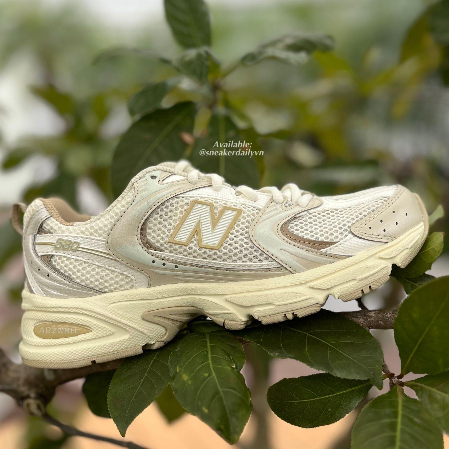 Chi tiết upper và logo N của New Balance 530 Beige Angora MR530AA